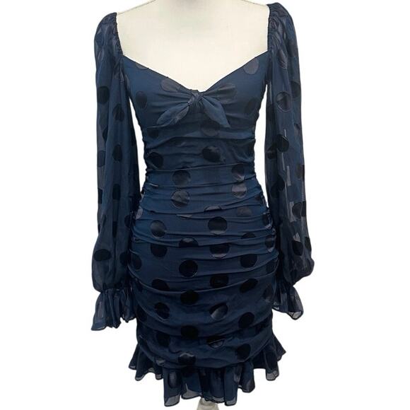 For Love & Lemons Lula Mini Dress Navy Polka Dot Ruched Chiffon Silk Party XS - Picture 2 of 10